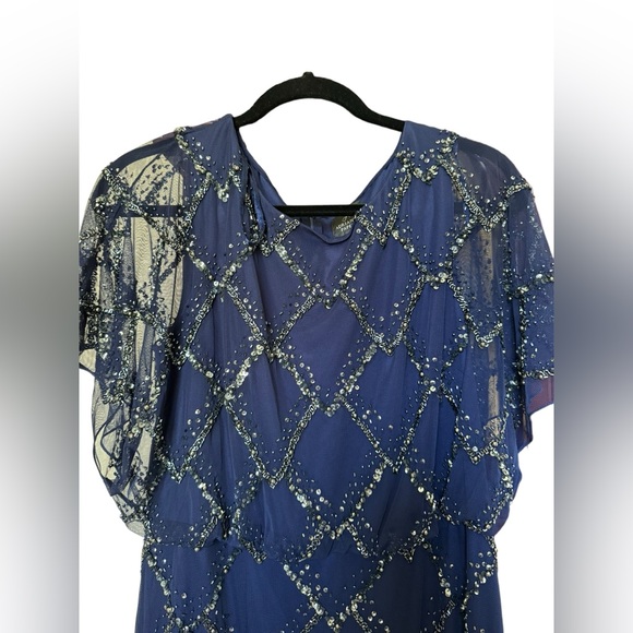 Adrianna Papell HAND-BEADED BLOUSON LONG GOWN WITH FLUTTER SLEEVES IN LIGHT NAVY - Picture 5 of 16